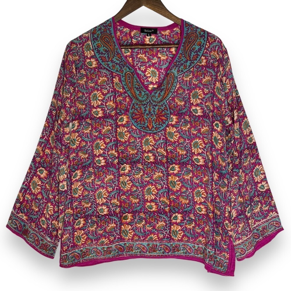Tolani 100% Silk Floral Tunic Top M Paisley Print Bohemian Blouse Pink Teal